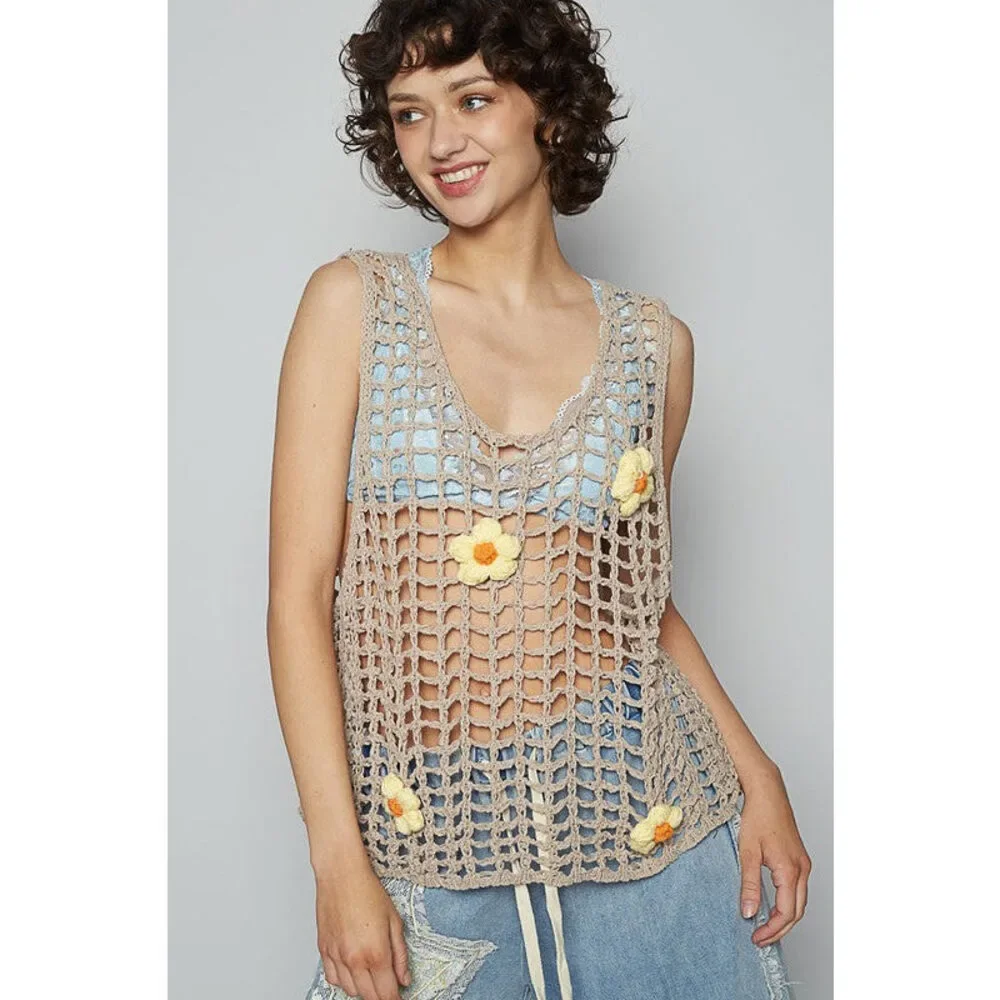 POL Flower Crochet Scoop Neck Sleeveless Knit Cover Up - Picture 2 of 5